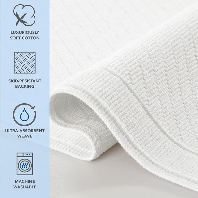 Arkwright 100% Cotton Bulk Bathroom Rugs - Case of 6 - High Absorbent Stylish Textured Woven Design Bath Mat, Slip Resistant Backing for Shower and Bathtub Floor, 17x24 in - White
