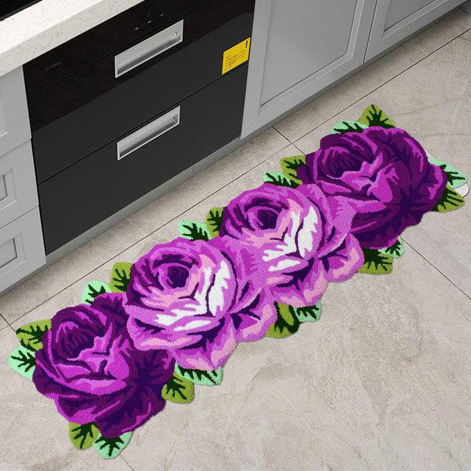 ABREEZE 4 Rose Rug Floor Runner Handmade Rug Purple Floral Mats Anti-Slip(Non-Slip) Modern Carpet Washable Floor Mats for Bedroom/Sofa/Bathroom (4 Roses Runner, Purple)