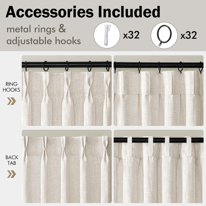 MIULEE 4 Panels Set Pinch Pleated Linen Curtains 90 Inches Long Natural