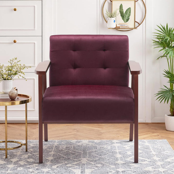 Anwick Mid-Century Accent Chair,Modern Living Room Chairs with Solid Wood Frame,Comfy Velvet Armchair Lounge Reading Chairs for Bedroom Office Small Spaces (Beige)