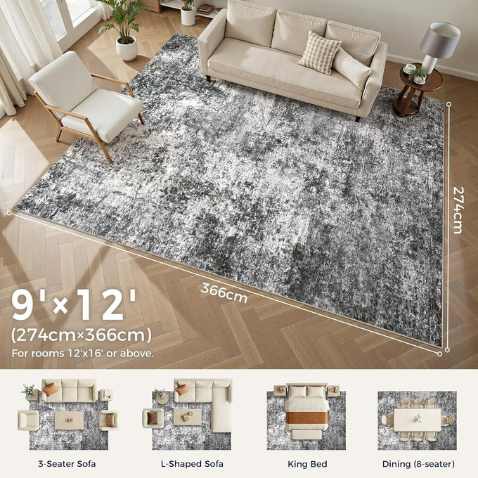 DMOYEST Area Rug Living Room Rugs 9x12 Washable Abstract Grey Carpet