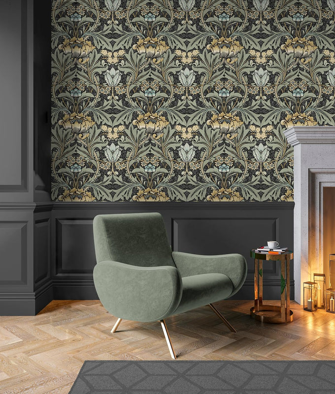 Acanthus Floral Vintage Prepasted Wallpaper (Charocal & Goldenrod)