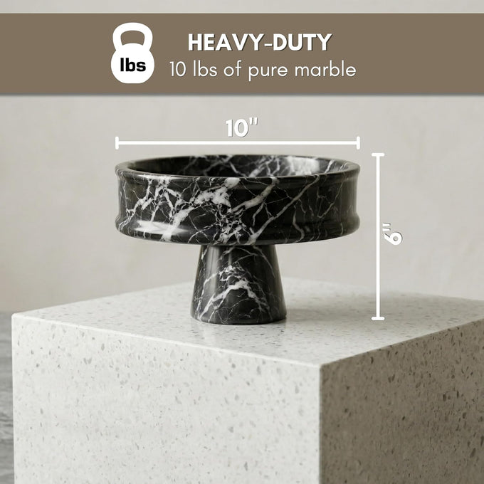 Marble Pedestal Bowl for Kitchen Counter, 10" Handcrafted Natural Stone Decorative Fruit Bowl, Catch-All Key Dish, Dining Table Centerpiece, Pedestal Bowl, & Housewarming Gift (Black Marble)