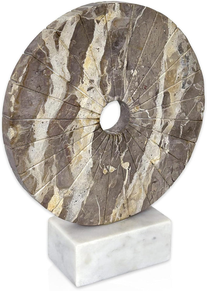 Helios Wheel - Sculptural Beige and White Marble Decorative Object - Tabletop Accent