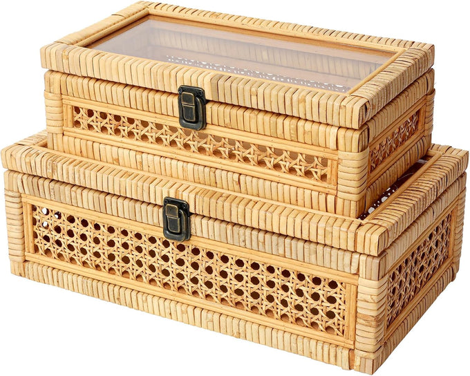 DECOR4SEASON Rattan and Cane Stacking Boxes with Glass Top Lid - Set of 2 for Boho, and Rustic Farmhouse Decor