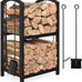 Mr IRONSTONE Firewood Rack with Fireplace Tools Set, Fireplace Tool Rack for Indoor Outdoor Fire Log Holder Wrought Iron Large Wood Stove with Firepit Tools, Brush, Shovel, Poker, Tongs, Black