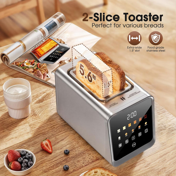 Smart Toaster 2 Slice with Touchscreen, 900W Stainless Steel Wide Slot 1.5 Inch, BreadID Tech Live Countdown Timer, Memory Function, Defrost Reheat for Bagel Waffle Bread, Kitchen Essentials