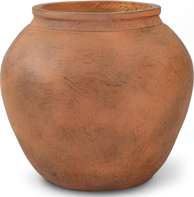 14" H x 17" Dia Distressed Terracotta Fiberstone Planter with Drainage Hole, Lightweight Flower Pot for Olive Trees & Houseplants, Indoor Outdoor Patio, Porch, Garden & Entryway Décor
