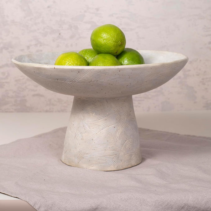 Shelf & Nook Ceramic Pedestal Bowl – Large Decorative Footed Bowl for Fruit, Keys, Entryway Table, Kitchen Island Centerpiece – Off-White Matte Stoneware, Modern French Farmhouse Decor