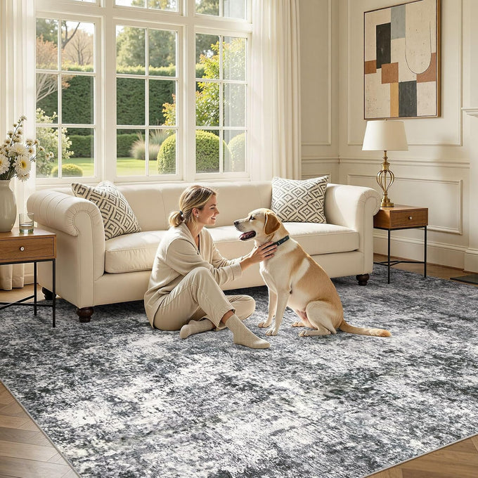 DMOYEST Area Rug Living Room Rugs 9x12 Washable Abstract Grey Carpet