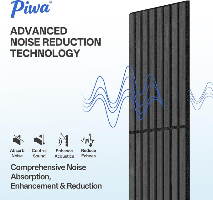 PIWA Acoustic Wall Panels 47"x12" 4 Pack, Wood Slat MDF Core, Matte Black