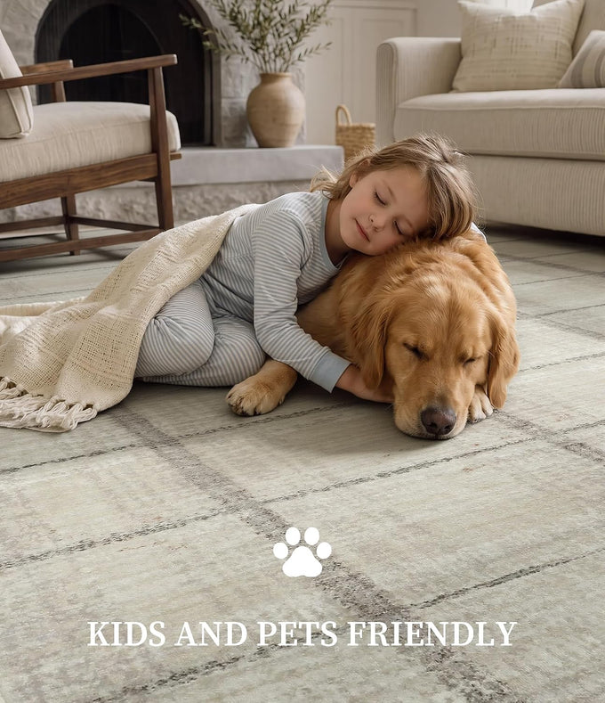 YIHOUSE 5x7 Beige Ivory Distressed Plaid Area Rug for Living Room