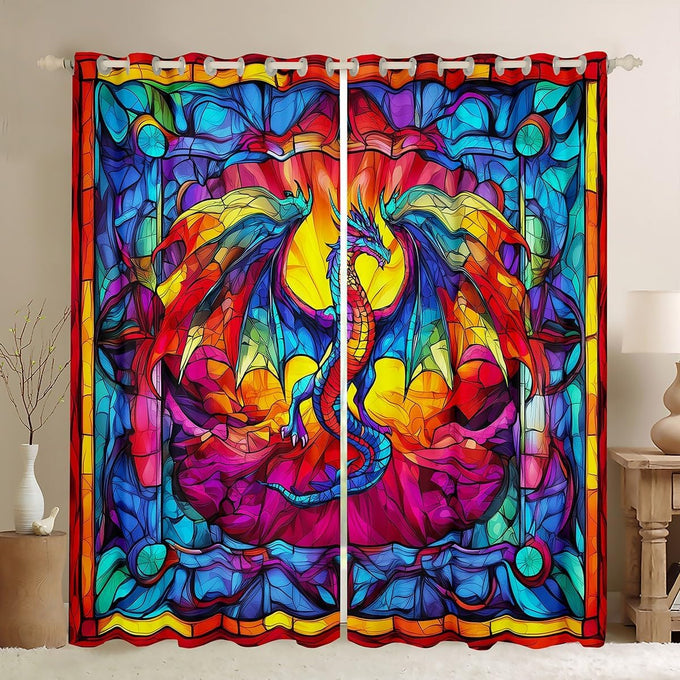 Western Dragon Kids Blackout Curtains,Glass Dragon Flying Wing Trippy Window Drapes for Boys Girls,Geometric Patchwork Abstract Blue Unique Window Treatments Grommet Top 2 Panel Set,52Wx96L inch
