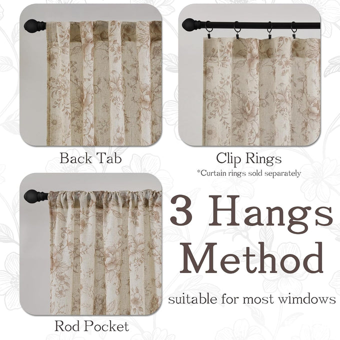 XWZO Floral Curtains for Living Room Linen Farmhouse Curtains 96 Inch Length Taupe Floral Patterned Curtain Peony Flower Printed Back Tab Curtain Bedroom Window Drapes 2 Panels