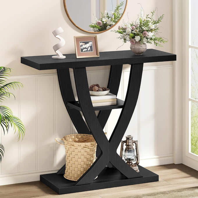 FAVOOSTY 31.5" Entryway Table, 3 Tier Hallway Table, Console Tables, Black