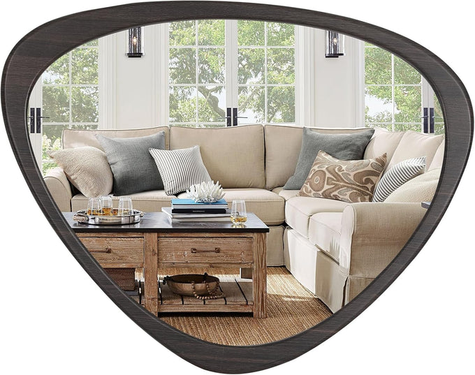HOMECOOKIN 25 x 20 Asymmetrical Mirror, Irregular Wooden Wall Mirror for Bedroom, Living Room,Entryway– Mid-Century Modern Decorative Mirror, Solid Wood Frame, Pebble Shaped Design (Dark Brown)