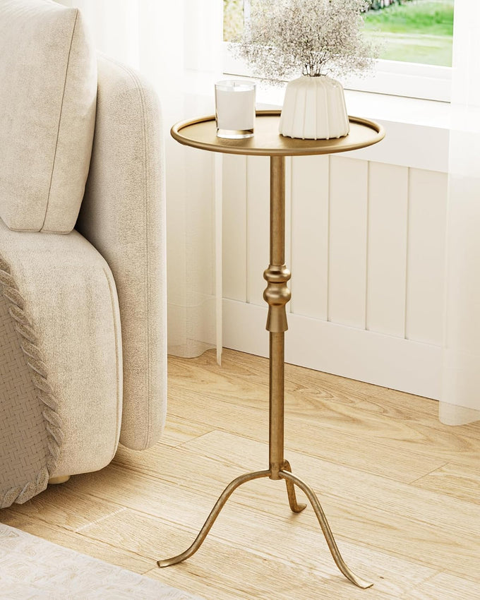 25.6" Vintage Round Pedestal End Table with Tray Top, Bronze