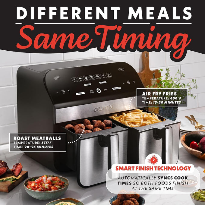 Gourmia Air Fryer - 10 Qt Dual Basket Capacity, Stainless Steel