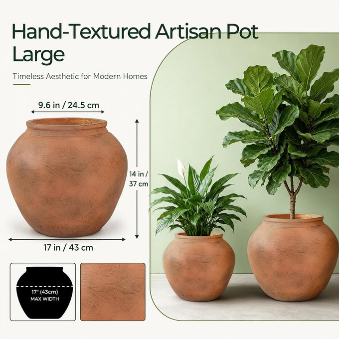 14" H x 17" Dia Distressed Terracotta Fiberstone Planter with Drainage Hole, Lightweight Flower Pot for Olive Trees & Houseplants, Indoor Outdoor Patio, Porch, Garden & Entryway Décor
