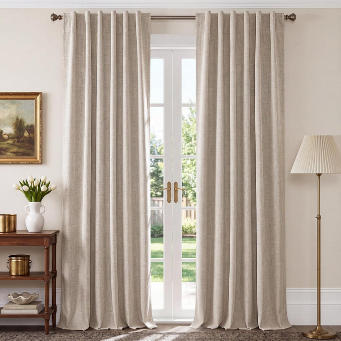 NICETOWN 100% Blackout Linen Curtains 108" Length 2 Panels, Greyish White