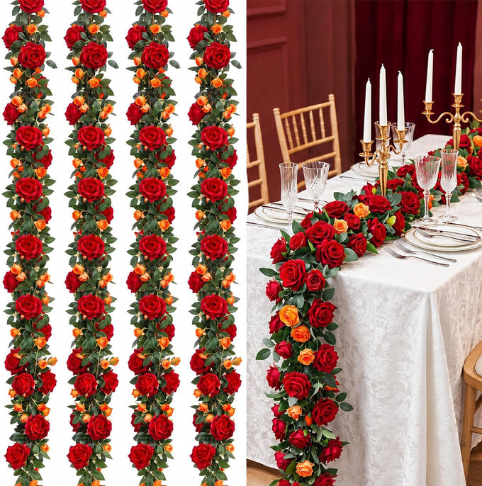 4 Pcs 24Ft Faux Rose Vine Garland Wedding Decor,Red，Orange