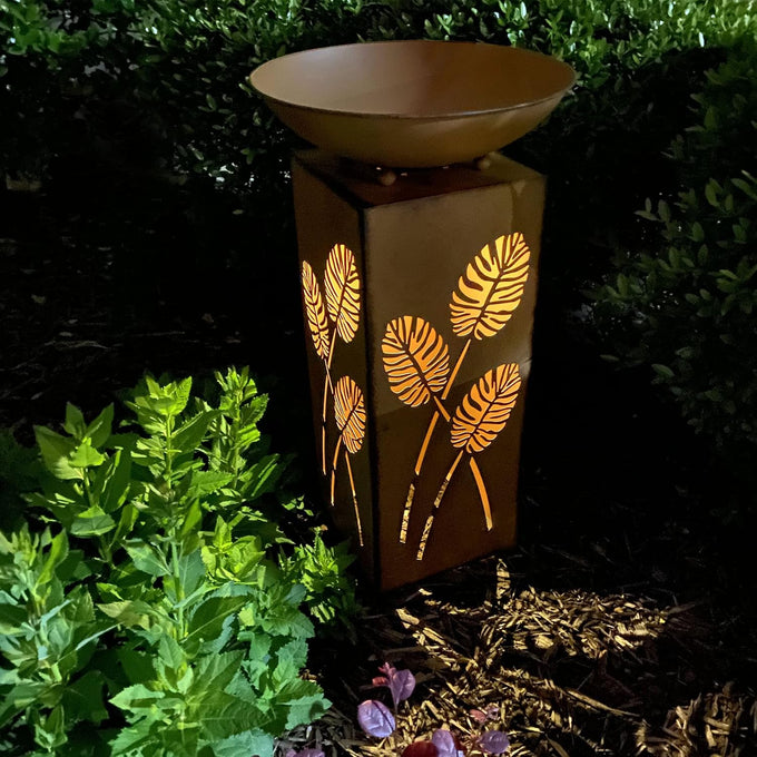 Westcharm Rustic LED Pillar with Planter Dish Bowl and Timer - Decorative Column with Leaves Motif for Home Yard Patio Outdoors