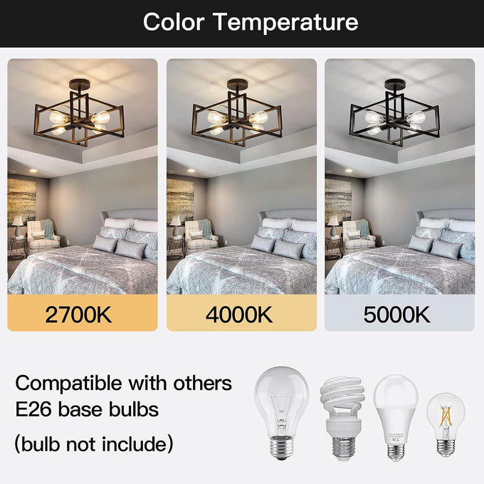 ZGLAOJT 4-Lights Close to Ceiling Light，Black Light Fixture Industrial Flush Mount Ceiling Light ，Farmhouse Chandelier Lighting for Kitchen Island Dining Room Bedroom Foyer Hallway