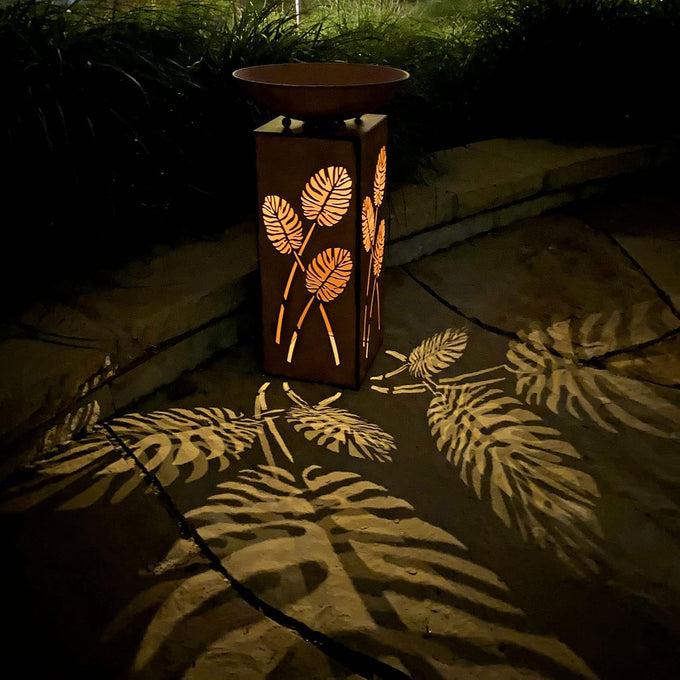 Westcharm Rustic LED Pillar with Planter Dish Bowl and Timer - Decorative Column with Leaves Motif for Home Yard Patio Outdoors