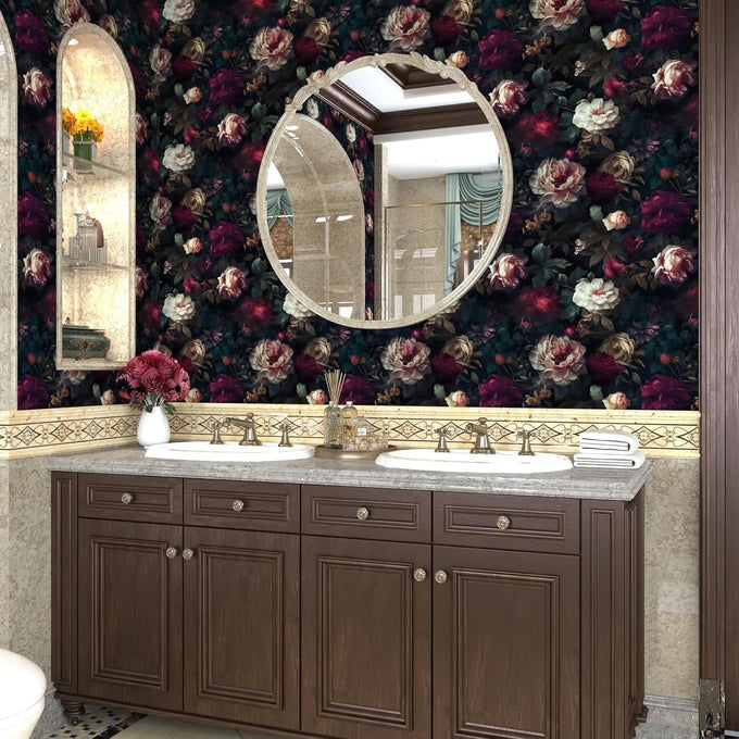 Fvlow Vintage Black Dark Red Floral Peel and Stick Wallpaper 17.4" x 788"