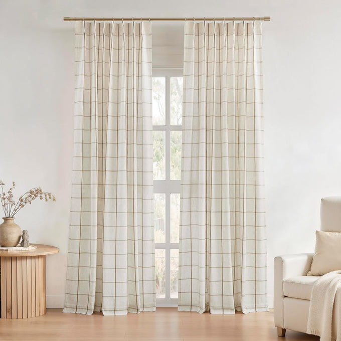 Cornflower Blue Plaid Pinch Pleated Semi Sheer Curtain, 40"Wx108"Lx2
