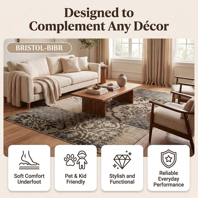 Superior Bristol Collection Area Rug, 8mm Pile Height with Jute Backing, Chic Geometric Damask Patchwork Design, Fashionable and Affordable Woven Rugs - 2'7" x 8' Runner, Beige & Brown