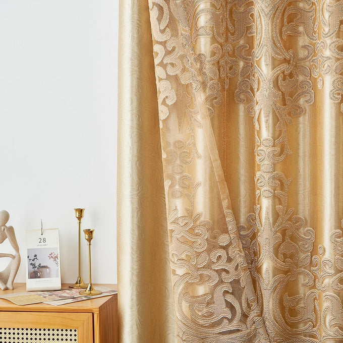 NAPEARL Luxury Jacquard Curtains and a Valance for Living Room, Dining Room Curtains & Drapes with Layer, Set of 2 Panels with Lining Satins (Gloden, W52 x L84)
