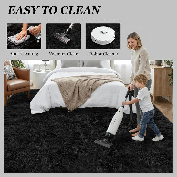 8x10 Area Rug Living Room Bedroom: Fluffy Plush Shag Carpet Black