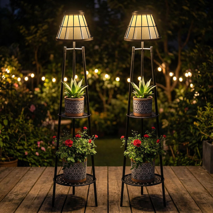 2 Pack Solar Lights with Plant Stands, 45.4'' Waterproof Outdoor Metal Solar Floor Lamps for Patio Deck Yard Pathway Porch Garden