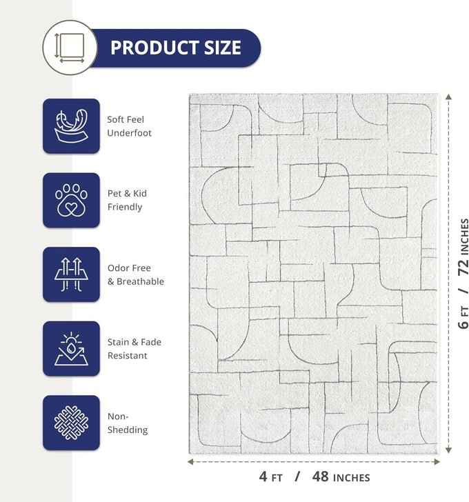 Abani Cozy Cream Area Rug for Living Room, Bedroom - Grey Linear Lines Pattern - 4' x 6' - Durable & Easy to Clean