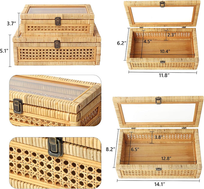 DECOR4SEASON Rattan and Cane Stacking Boxes with Glass Top Lid - Set of 2 for Boho, and Rustic Farmhouse Decor