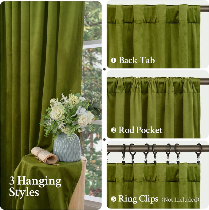 LAMIT Moss Green Vintage Velvet Curtains 108 Inch for Bedroom 2 Panels