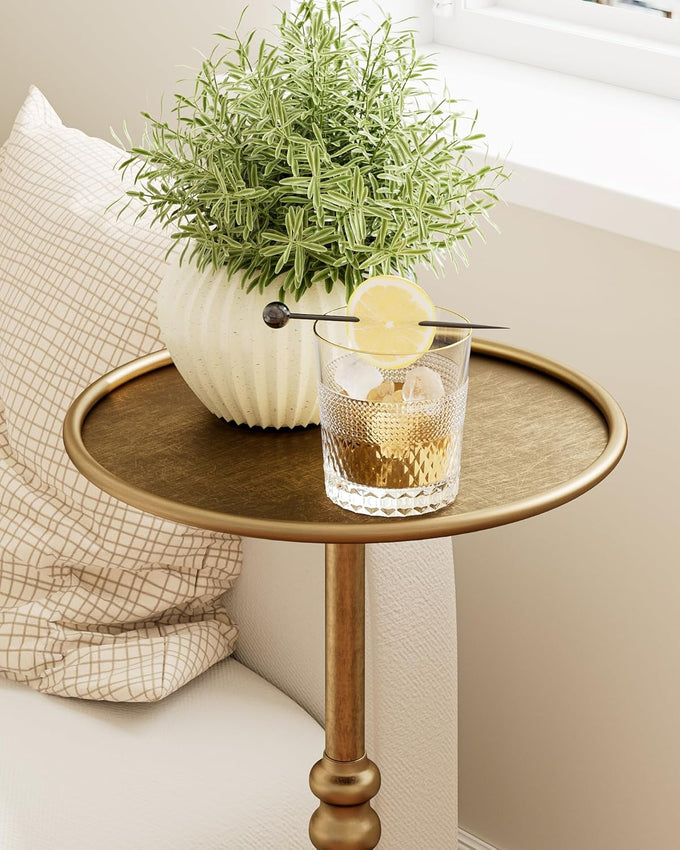 25.6" Vintage Round Pedestal End Table with Tray Top, Bronze
