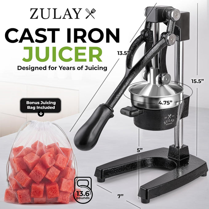 Zulay Kitchen Cast Iron Juicer, Orange Manual Juicer, Citrus Press, Black
