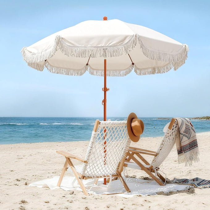 Jihfmo 7ft Cream/White Boho Fringe Beach Umbrella, 8mm Ribs, Sand Anchor