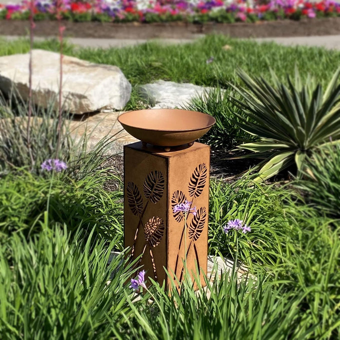 Westcharm Rustic LED Pillar with Planter Dish Bowl and Timer - Decorative Column with Leaves Motif for Home Yard Patio Outdoors