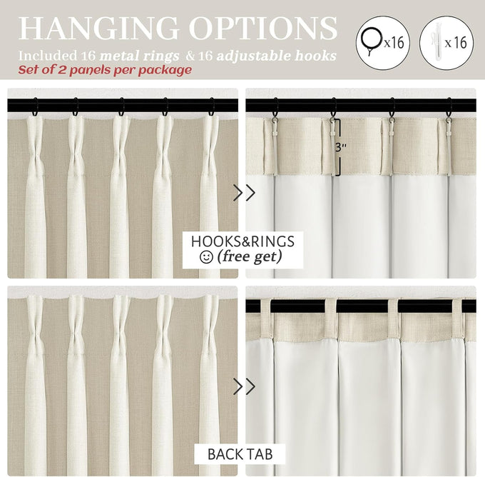 Thick Linen Sand Beige Black Out Curtains 96 Inch Long for Living Room, Elegant Pinch Pleated Room Darkening Cream Curtain & Drapes 40x96 Length for Bedroom Privacy Insulated Windows Burg 2 Panels Set