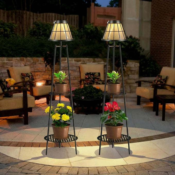 2 Pack Solar Lights with Plant Stands, 45.4'' Waterproof Outdoor Metal Solar Floor Lamps for Patio Deck Yard Pathway Porch Garden