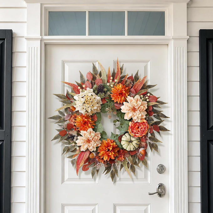 24"Artificial Silk Hydrangea Flower Dahlia Fall Wreath for Front Door Decor