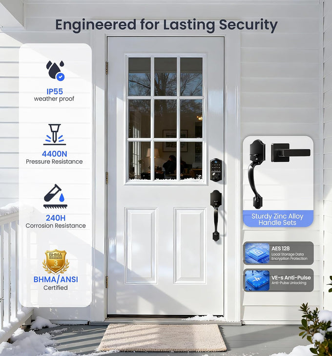 Veise VE017-H 8-in-1 Fingerprint Smart Front Door Lock Set, Matte Black