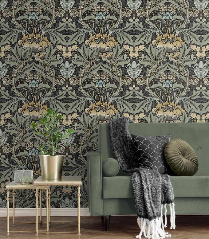 Acanthus Floral Vintage Prepasted Wallpaper (Charocal & Goldenrod)
