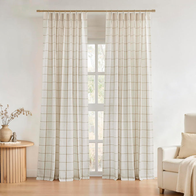Cornflower Blue Plaid Pinch Pleated Semi Sheer Curtain, 40"Wx108"Lx2