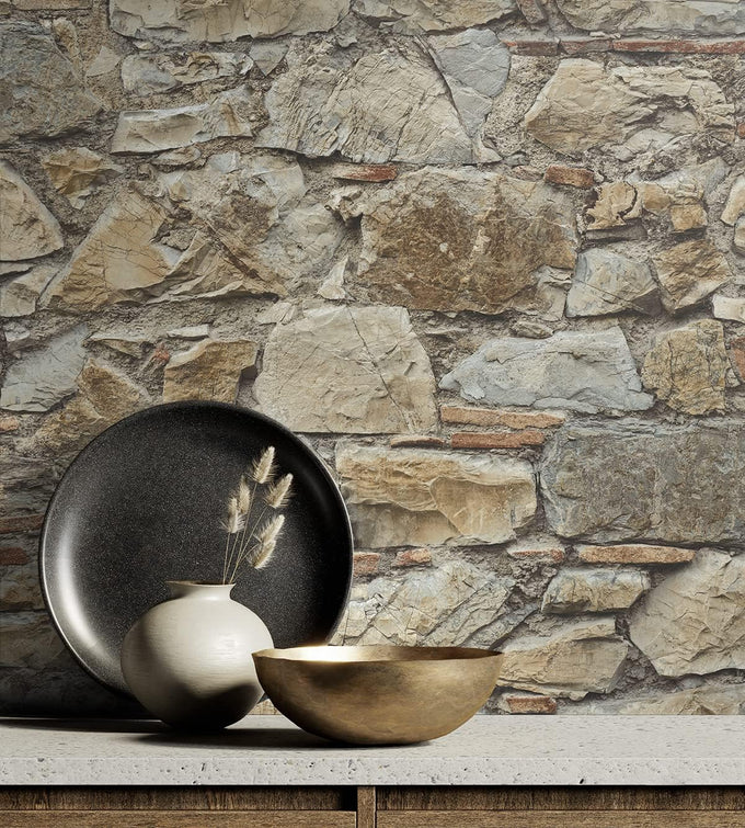 NextWall Faux Stone Wall Rustic Prepasted Wallpaper (Toffee & Ivory)