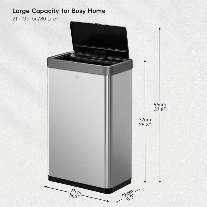 EKO Mirage X 80 Liter / 21.1 Gallons Motion Sensor Trash Can or Recycling Bin, Automatic Large Kitchen Trash Can Touchless, Stainless Steel