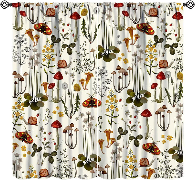 Vintage Botanical Curtains,Antique 1900s Plants Herbs Mushroom Blackout Window Drapes for Kitchen,Boho Retro Wildflower Green Leaf Ferns Farmhouse Window Treatment for Living Room 52x84in